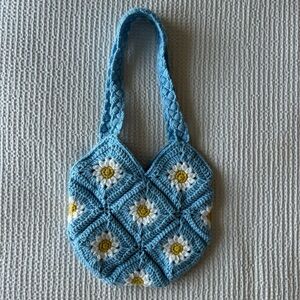 Blue Handmade Crochet Shoulder Bag with Daisy Flower Design, Lined
